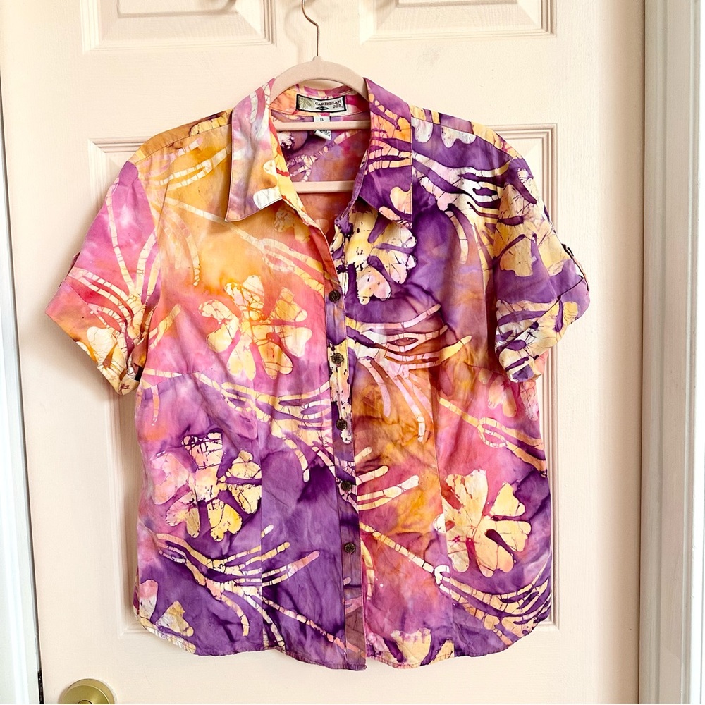 Caribbean Joe Purple Pink Yellow Floral Button-Up Shirt